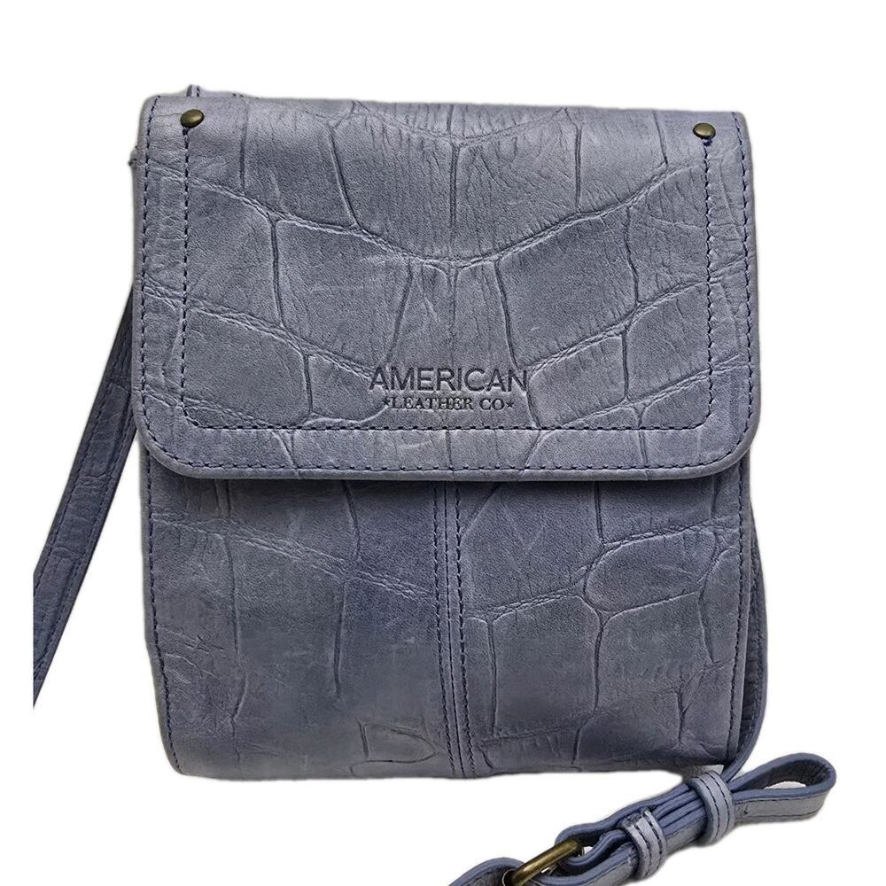 American Leather Co. Kansas Crossbody Bag Croc Embossed Leather Purse Blue